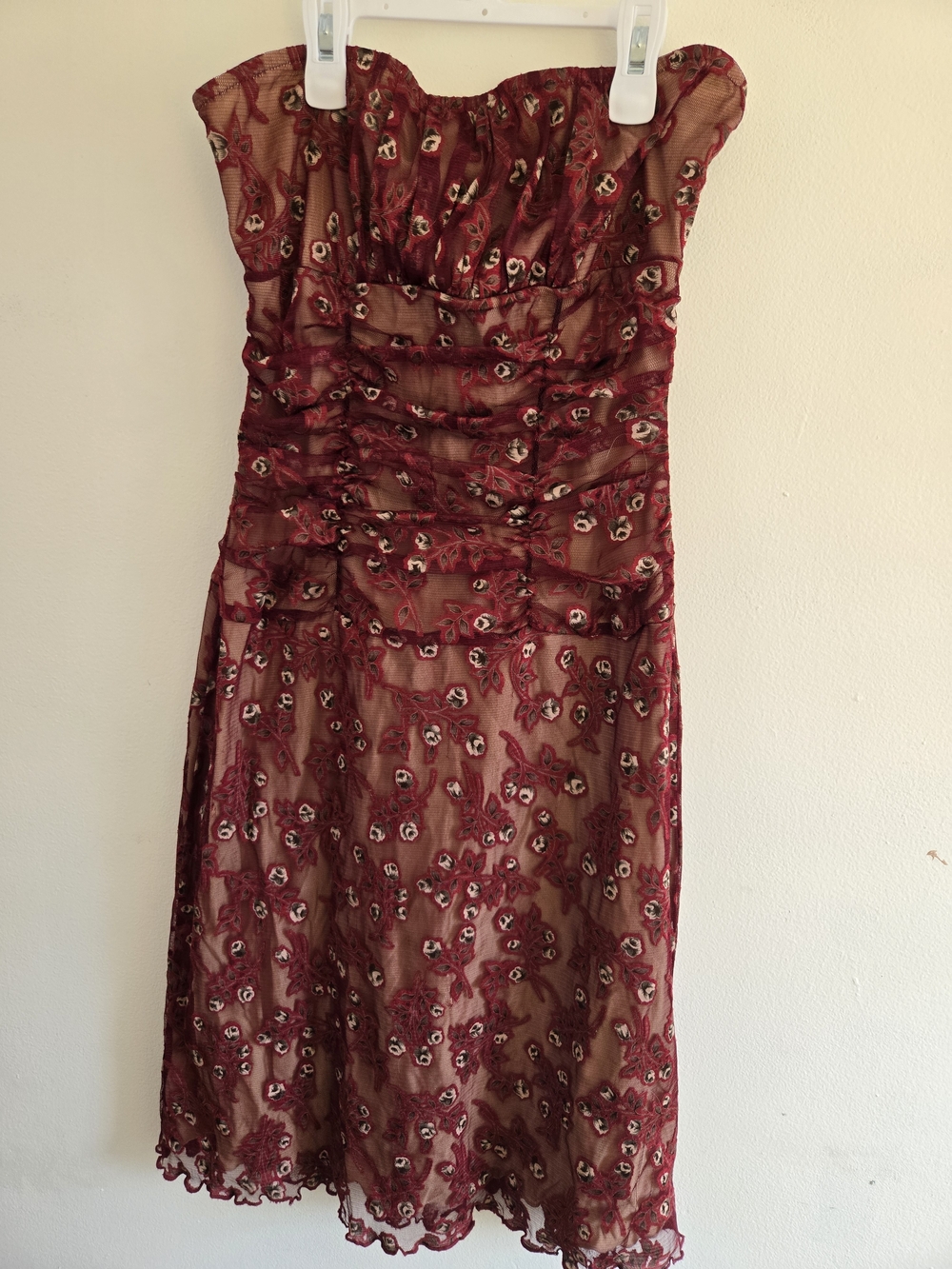 True Meaning Strapless Burgundy Floral Embroidered Midi Dress